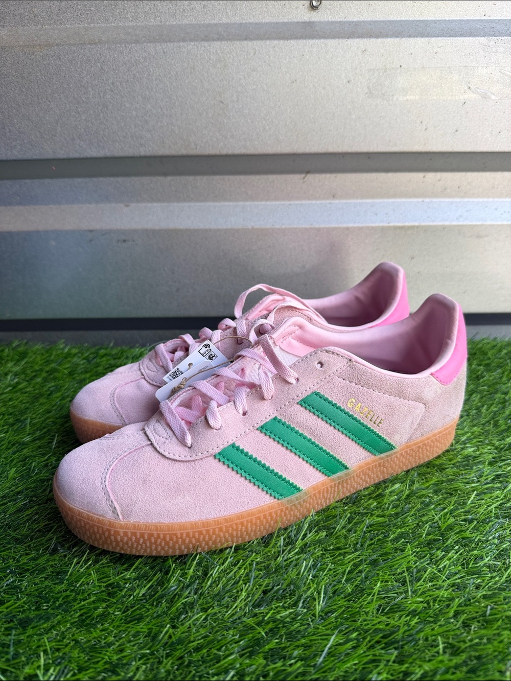 adidas Kids Pink Suede Sneakers with Green Stripes